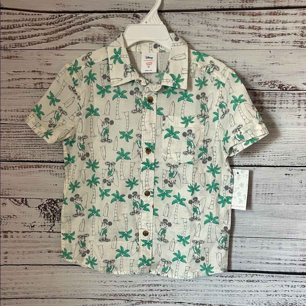 NWT Disney Cream and Green Mickey Mouse button down shirt size 5t